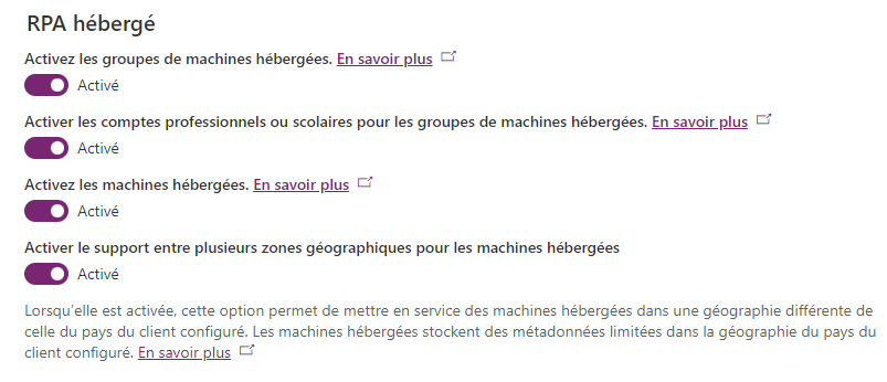 Capture d’écran de l’option Activer la prise en charge entre zones géographiques pour les machines hébergées dans le centre d’administration Power Platform.